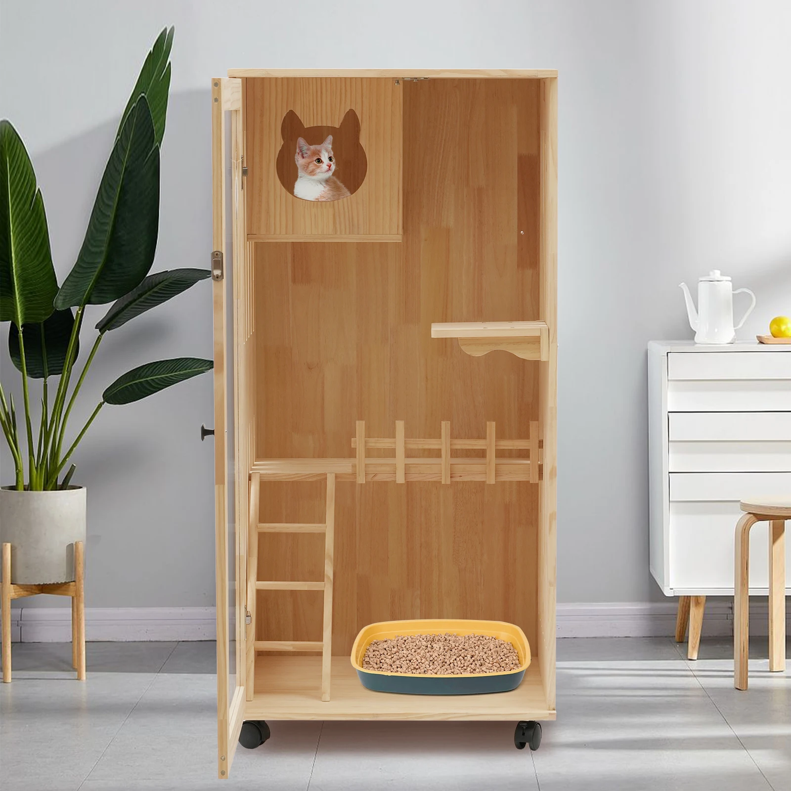Large Wooden Cat House Luxury Multi-Feature Cat Condo Condo House with Scratching Posts Oversized Villa on Wheels