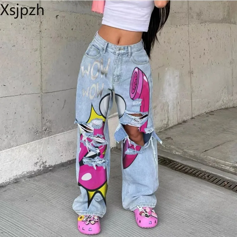 Women Pants Fashion High Street Wear Plus Size Ripped Female Jeans High Waist Graffiti Pattern Chic Denim Pants Ladies Trousers summer street graffiti 3d paisley patchwork pattern print oversized t shirt shorts 2pcs suit retro style hip hop men clothing