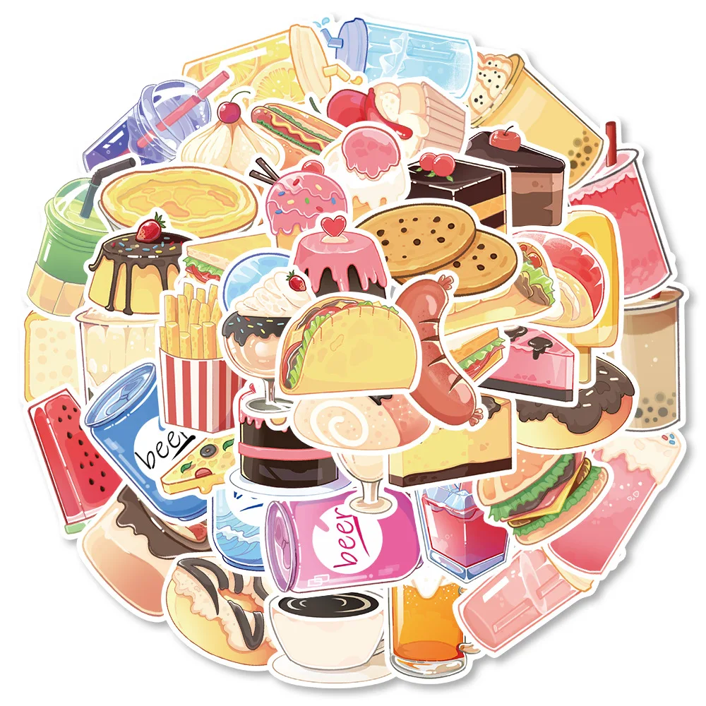 

2023 New Cute Cartoon Drink Dessert Gourmet Stickers INS Style Water Cup Phone Case Decorative Sticker School Office Supplies
