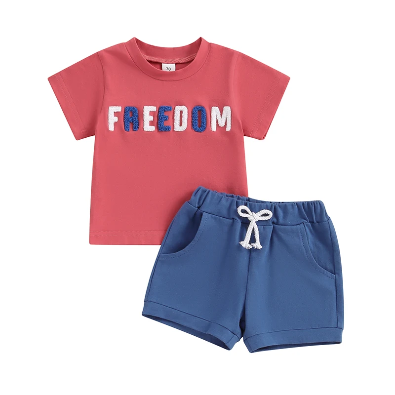 

0-24M Baby Boys Shorts Set Short Sleeve Embroidery Letters T-shirt with Elastic Waist Shorts Summer Outfit for 4th of July