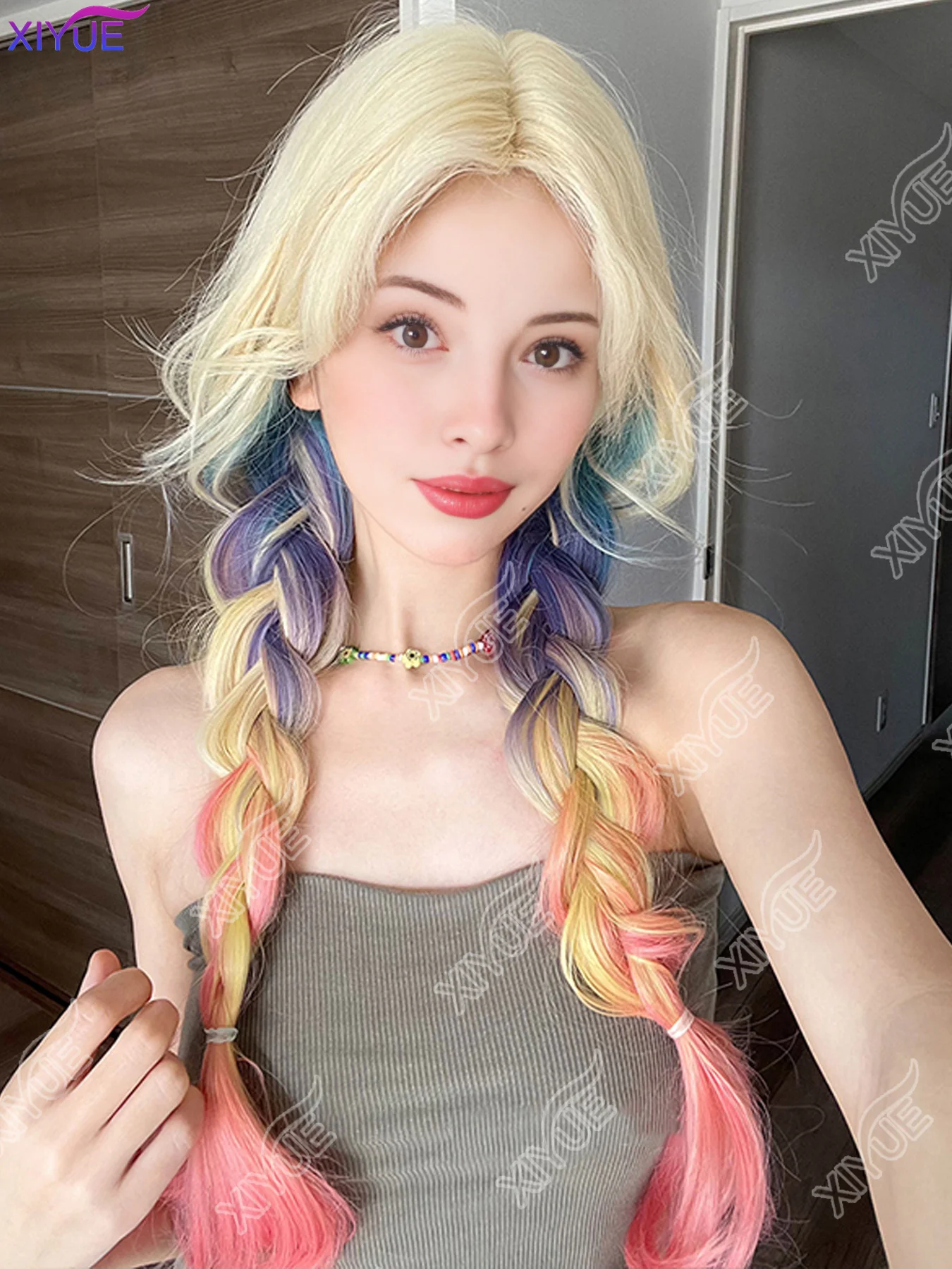 XIYUE 26Inch Dopamine Girl Style Blonde Mix Multicolour Synthetic Wigs Middle Part Long Wavy Hair Wig For Women Cosplay