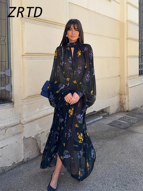 Elegant Printed Boho Long Dresses Women Loose Chic Turtleneck Lantern Sleeve Floral Robes 2025 Spring Summer Lady Vacation Dress 5
