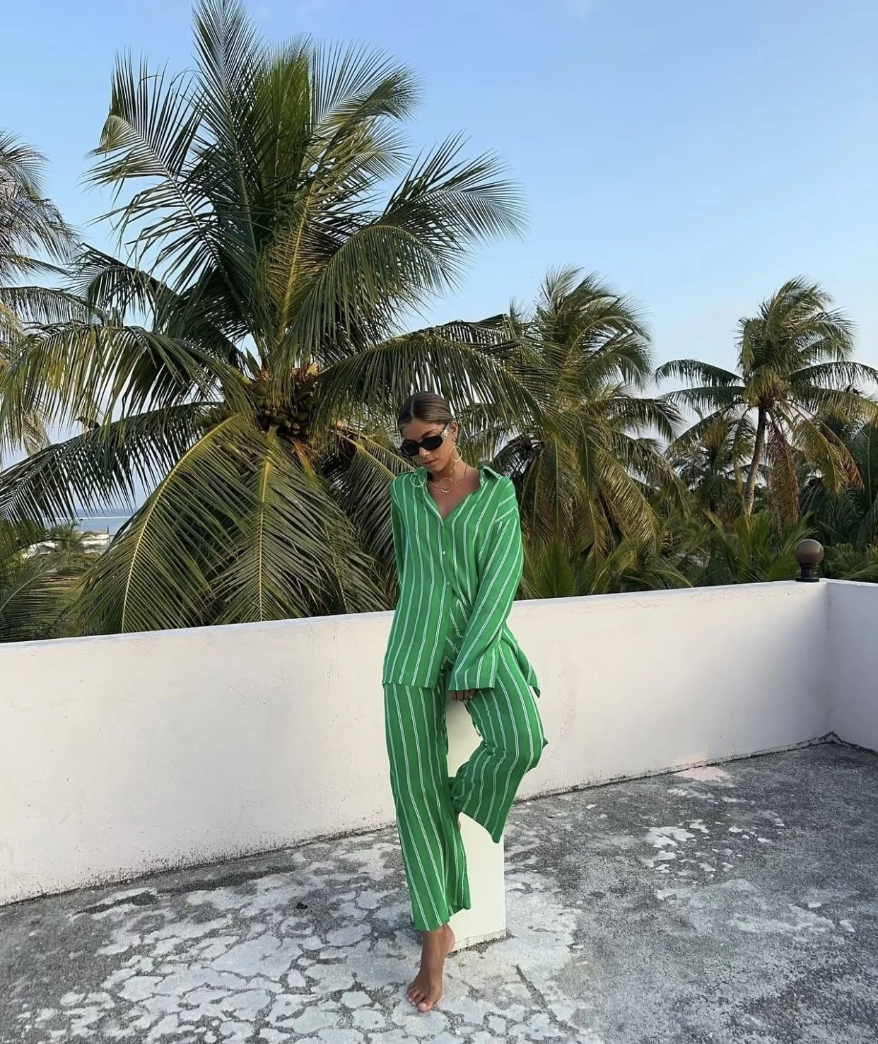 Fashion Green Stripe Women Pajamas Set Loose Female Casual Long Sleeve Shirts+High Waist Wide Leg Pants Sleepwear 2 Pieces Set