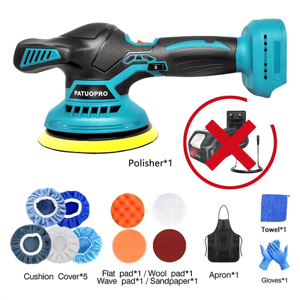PATUOPRO cordless polisher 150mm, 5000RPM rechargeable car polishing machine electric rotary tool 6 gears for Makita 18V battery no battery