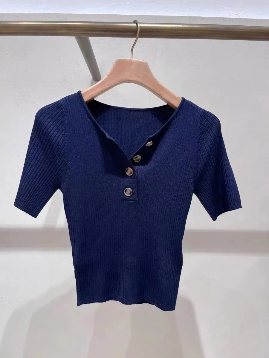 

Women Knitted Tops O-neck Buttons Solid Slim 2024 Spring Summer New Casual Short Sleeve Pollover