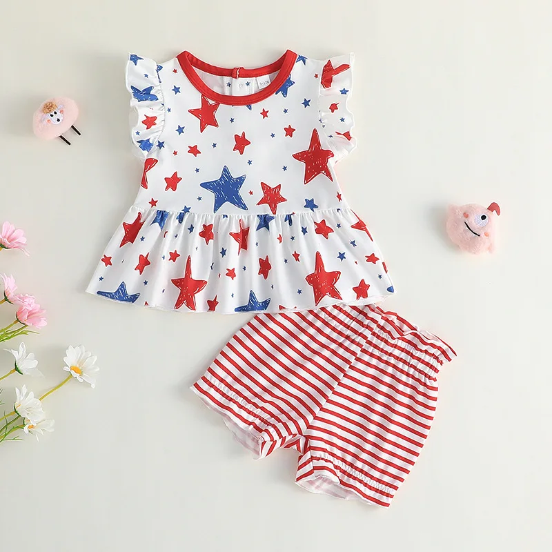 

Independence Day Girls Sleeveless Top + Shorts Suit Girls Baby Striped Pullover Two-piece Set Baby Girl Clothes