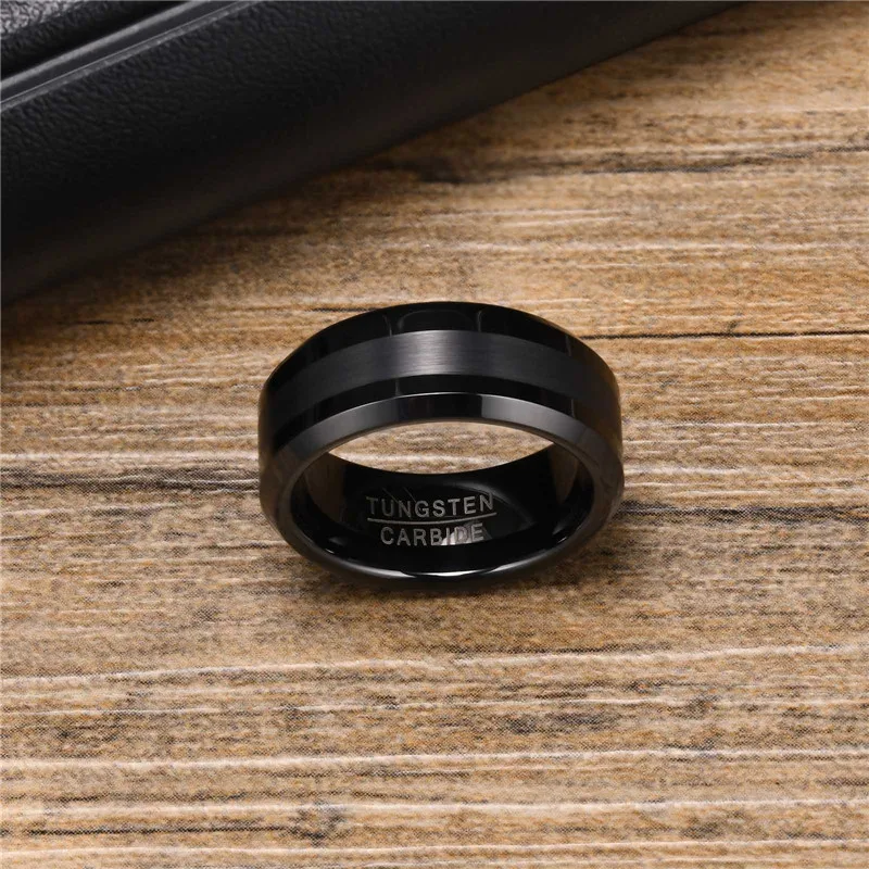 8MM Tungsten Carbide Engagement Ring Classic Brushed Beveled Edge Polished black Wedding Band for Men Women