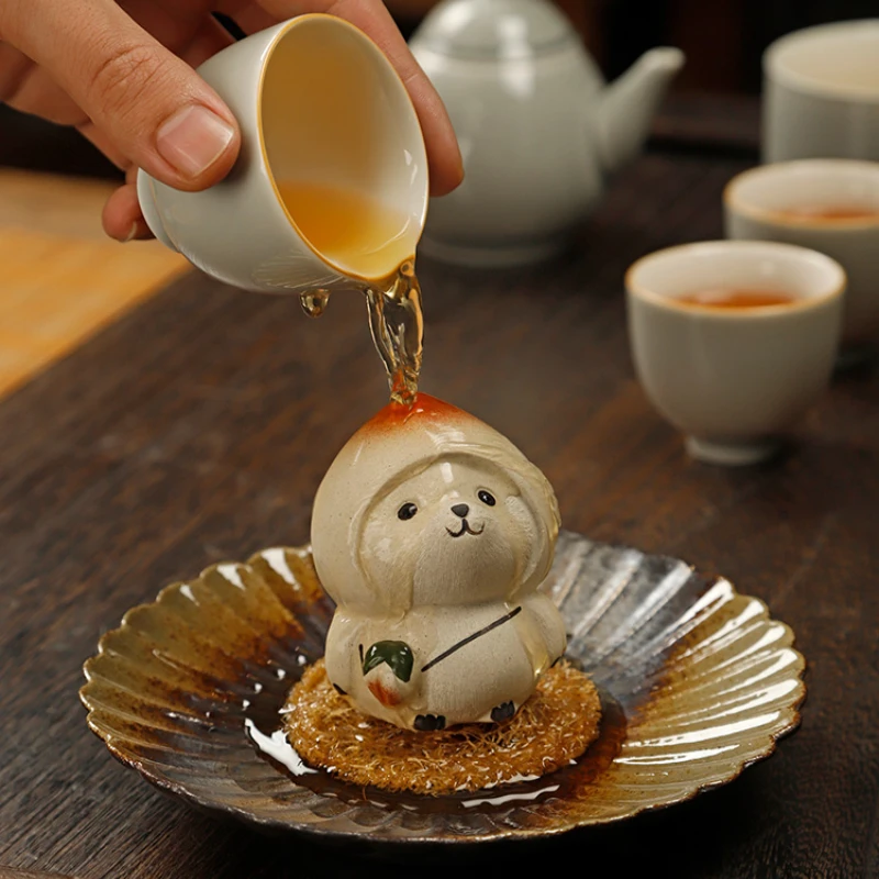 Lovely Retro Little Panda Purple Sand Tea Pet Decoration Longevità Peach Cover Ceramica Soggiorno Tea Table Ornaments Tea Play