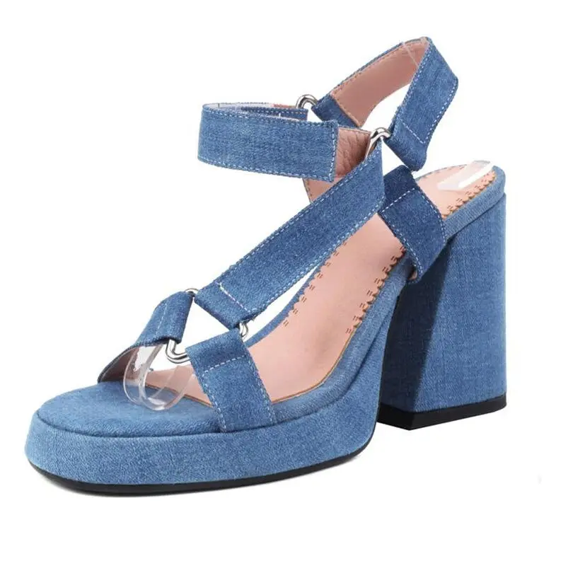 

Blue Denim High Heel Women Sandals 2023 Jeans Cloth Chunky Platform Summer Open Toe Dress Shoes Pumps Goth Shoes Lady Big Size