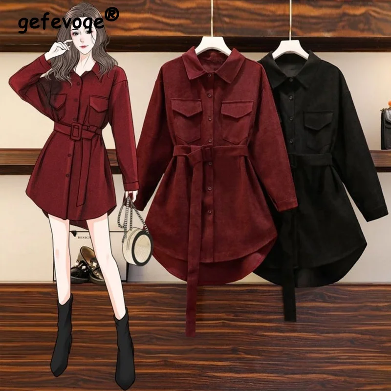 

Retro Elegant Fashion Chic with Belt Office Lady Corduroy Button Up Shirt Autumn Winter Women Loose Long Sleeve Tunic Blouse Top