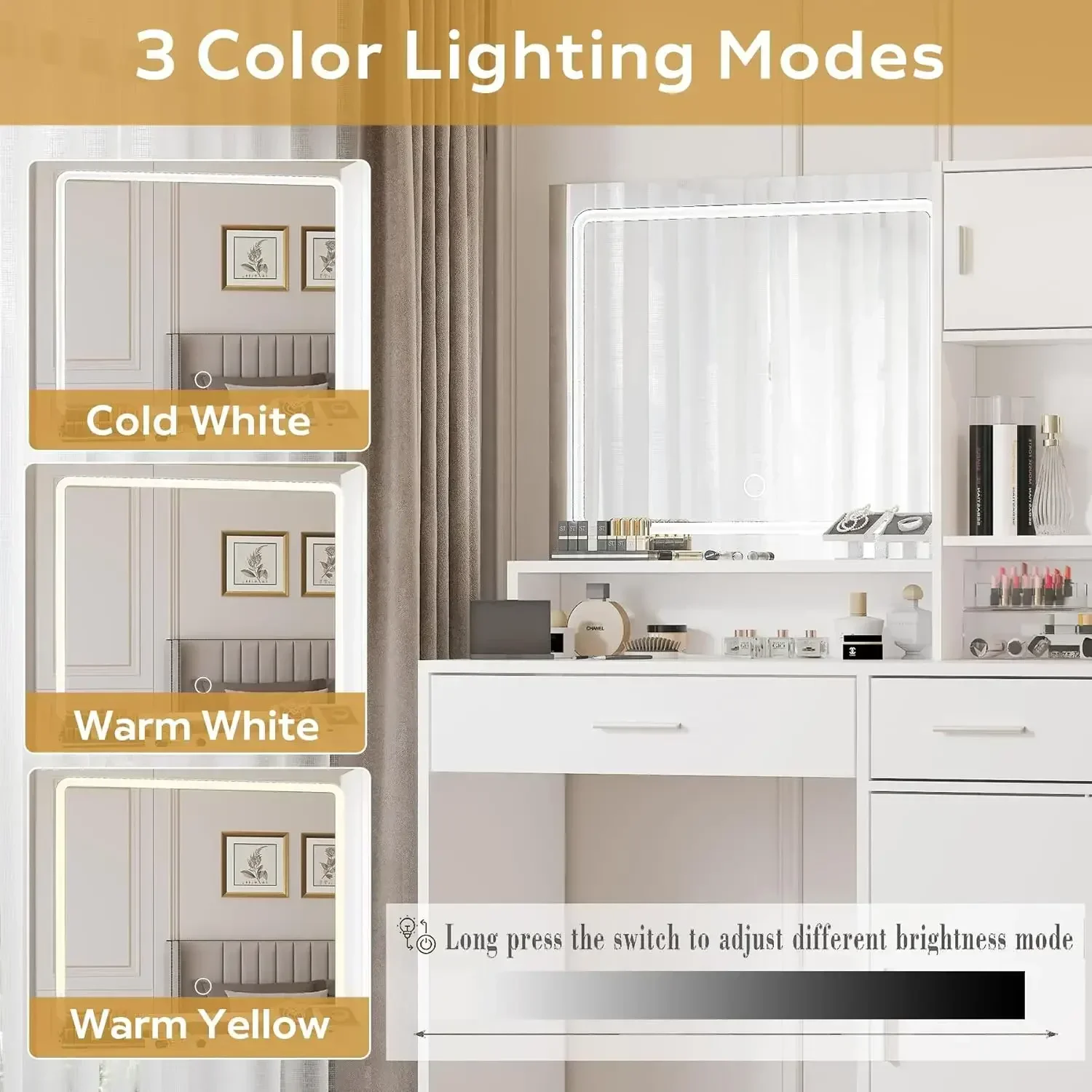 Vanity Desk with Mirror and LED Light Strip,Dressing Table with Large  3 Level Storage Dresser & 3 Lighting Modes Adjustable