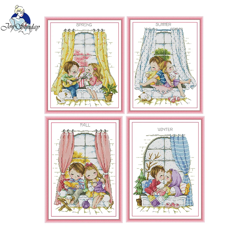 Four Seasons Window Pattern Cross Stitch Kit Joy Sunday Printed Counted Fabric Aida 16/14/11CT Art Crafts DIY Embroidery Kit New