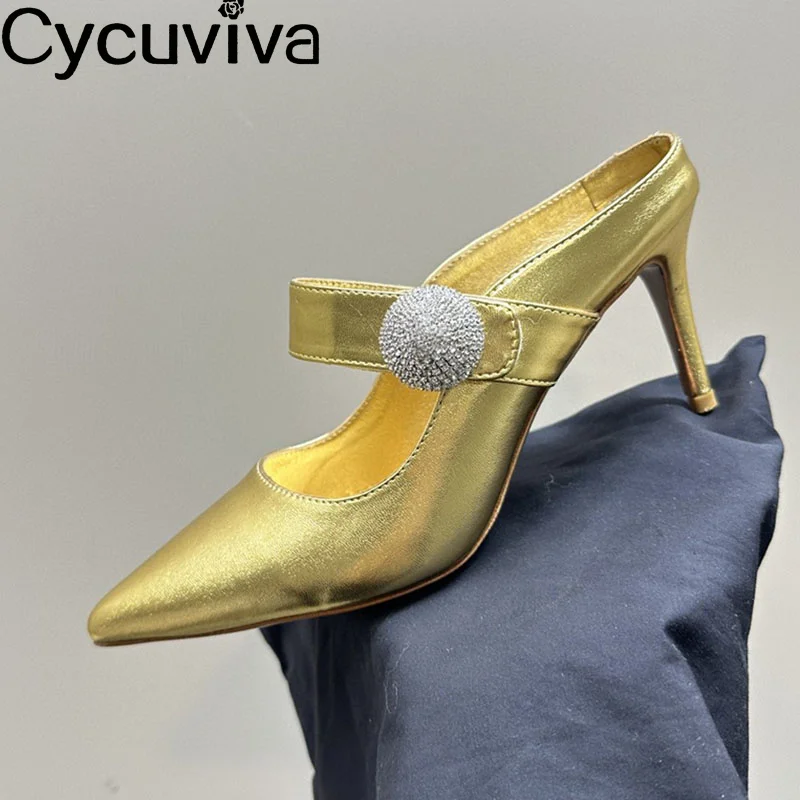 

2024 Spring Designer Women Pumps Genuine Leather Gold High Heels Crystal Shoes Pointy Stiletto Sandals Party Banquet Dress Shoes