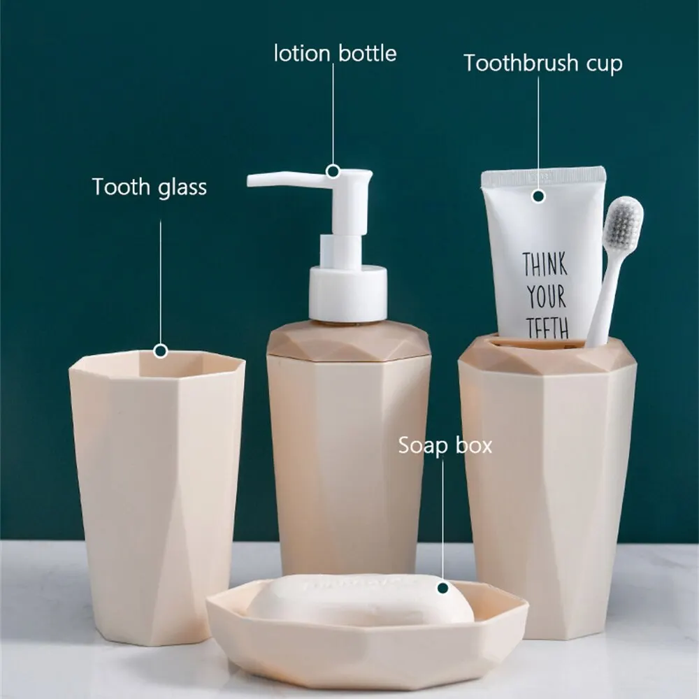 Toothbrush Cup Set 4PCS Diamond Shape Plastics Bathroom Accessories Sets Nordic Matte Toothbrush Holder Cup Soap Dispenser Bathroom Kit Toothbrush Case Toothbrush Storage Rack Toothbrush Storage Box Mouthwash Dispenser