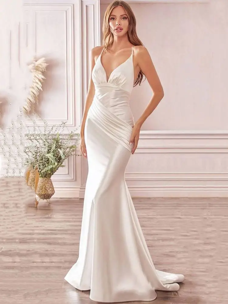 

White Elegant Spaghetti Strap Sleeveless V Neck Backless Pleated Satin Long Mermaid Evening Prom Women Garden Party Dress Summer