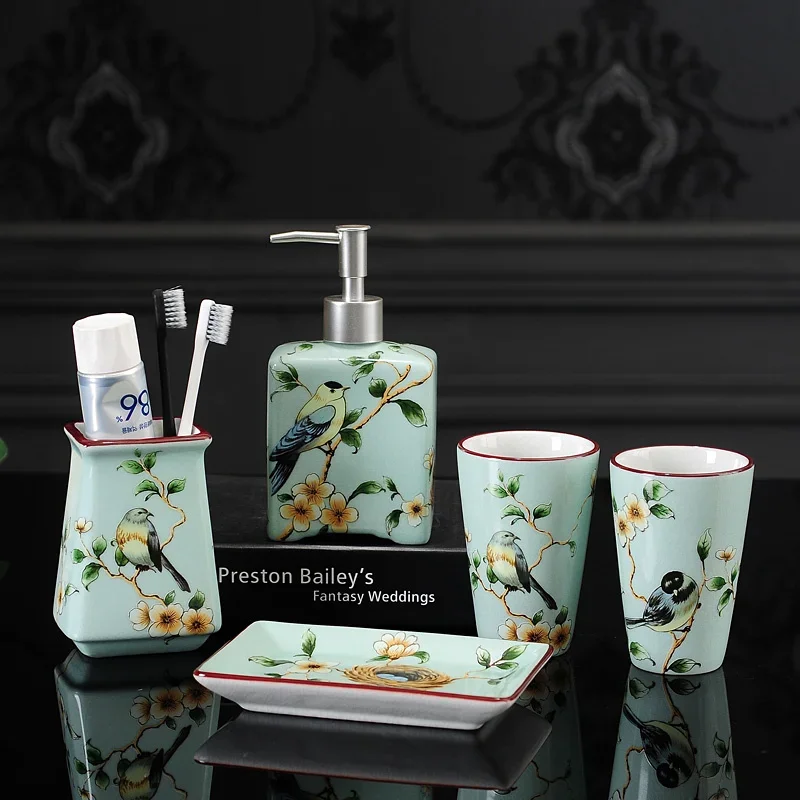 Bathroom Set Ceramic Liquid Soap Dispenser/Dish Toothbrush Holder Gargle Cup 5 Piece Flower & Bird Wedding Gift Birthday Present