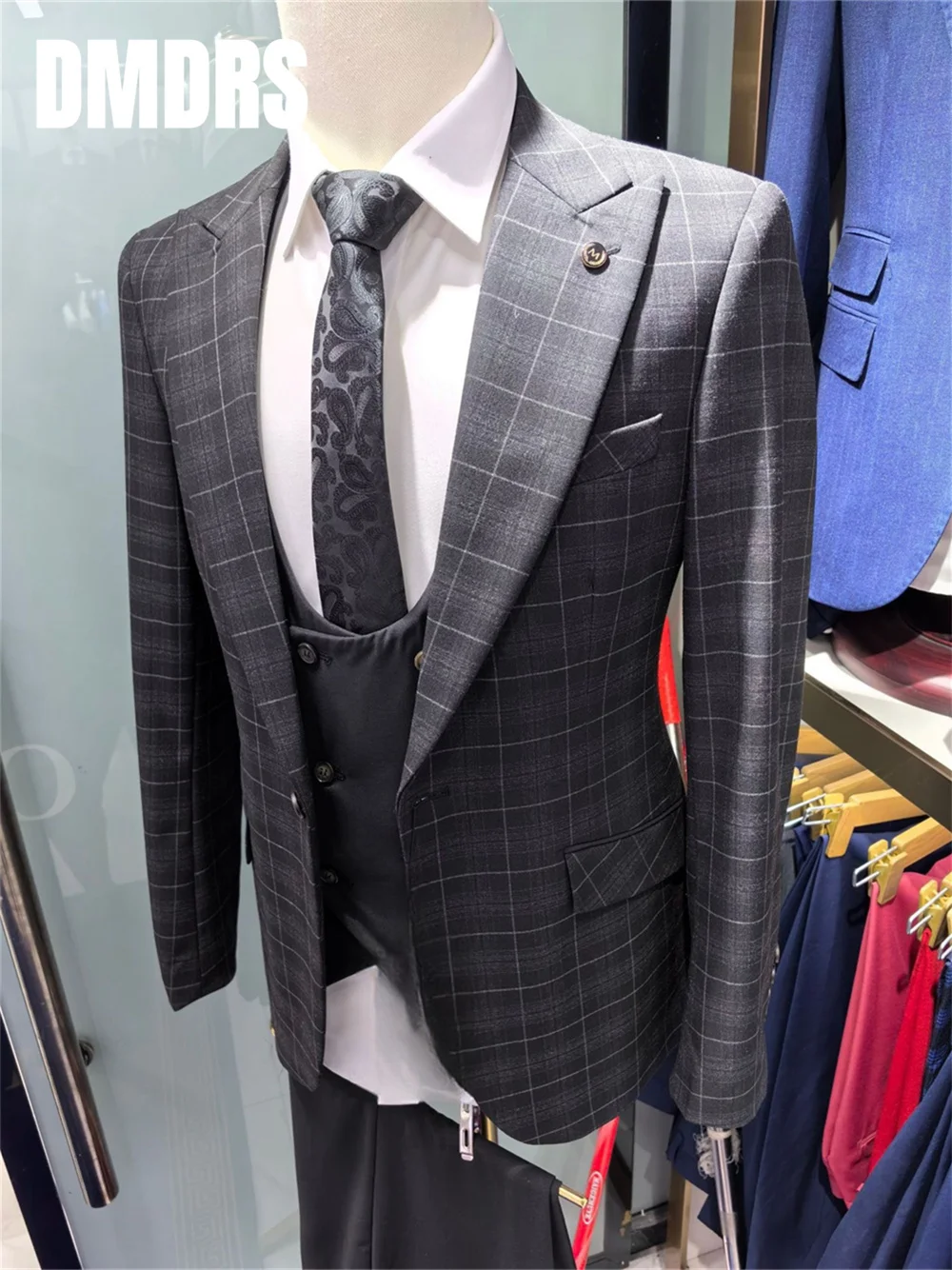 Elegant Men's Suit Fashionable Plaid Suit Jacket High Quality Men Suit 3 PCS Set For Men's Wedding Suit Dress vestidos de novia