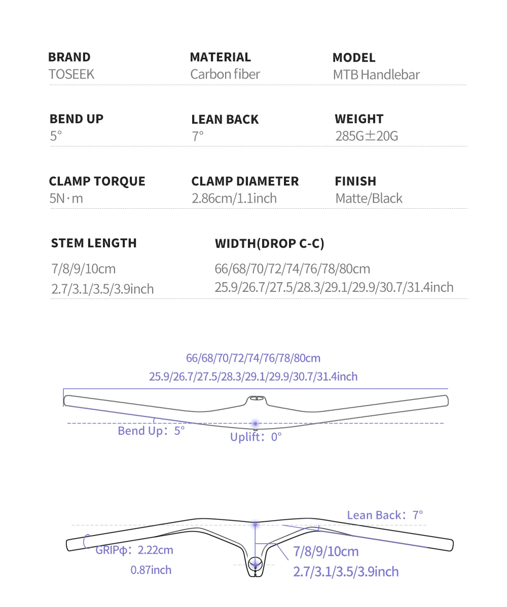 Description Picture 6 of itemTOSEEK MTB Bicycle Handlebar and Stem -17 Degrees Carbon Fibre Integrated Handlebar Mountain Bike Parts 28.6mm Matte Black