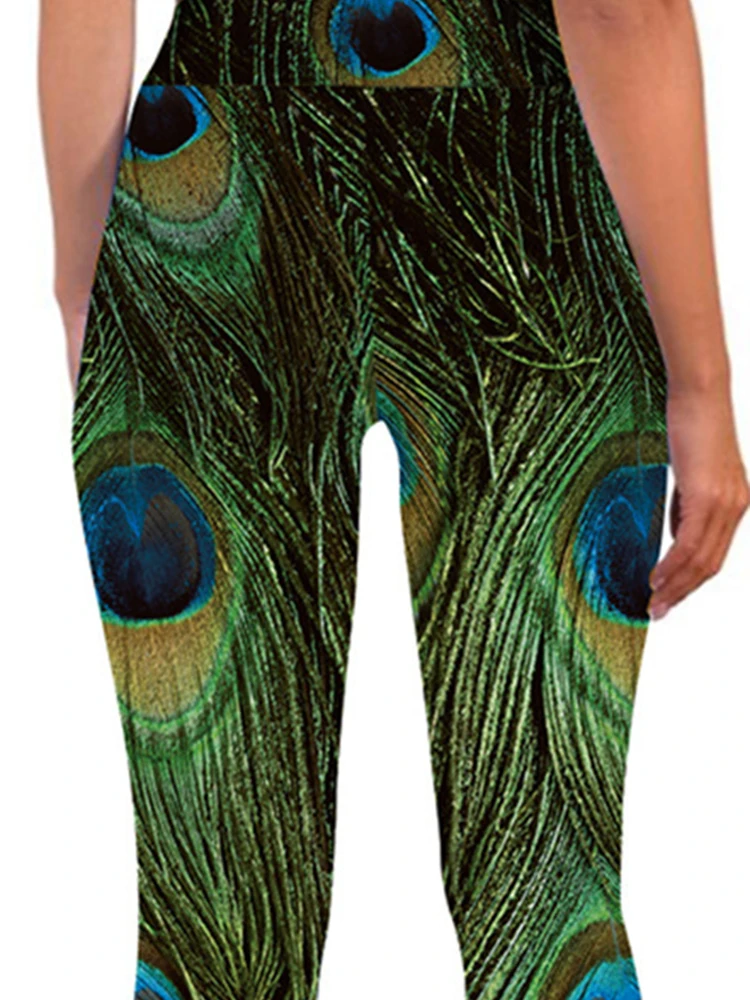 Green Feather Printed Leggings Women Gym Pants High Waist Tummy Control Push Up Yoga Tights Elastic Sports Leggins Spandex