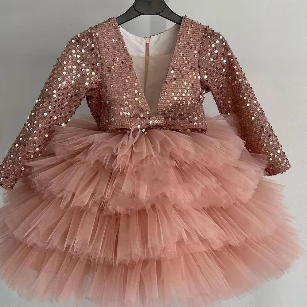 

New Pink Puffy Dresses For Girls Long Sleeve V Neck First Communion Dress Knee Length Girl Dresses Birthday Gown