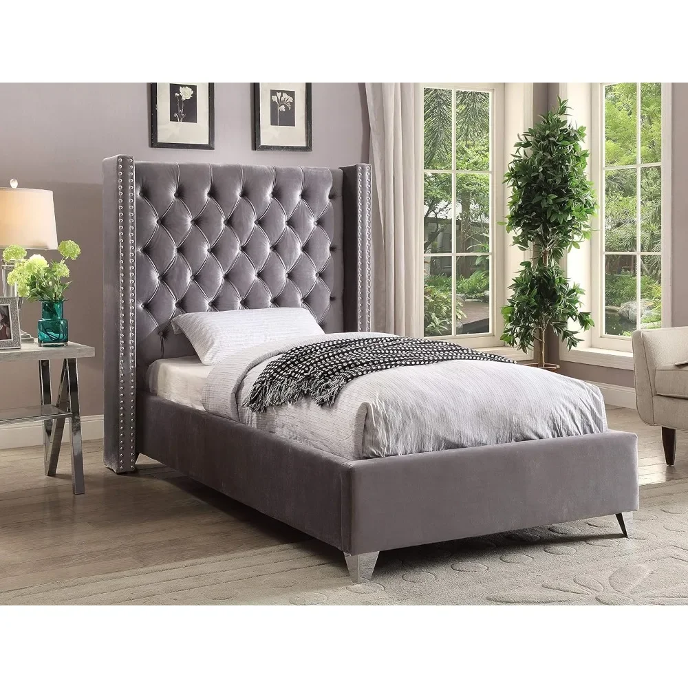 

Twin Size Bed Frame with Deep Button Tufting, Solid Wood Frame, and Custom Chrome Legs, Contemporary Velvet Upholstered Beds