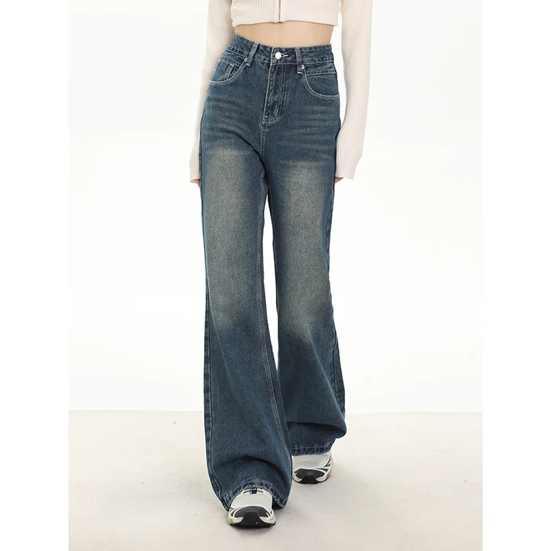 

Korean BlueHigh Waisted Jeans Wide Flare Leg Pants Y2K Bell Bottom Autumn Winter New Retro Straight Cylinder Pants Loose