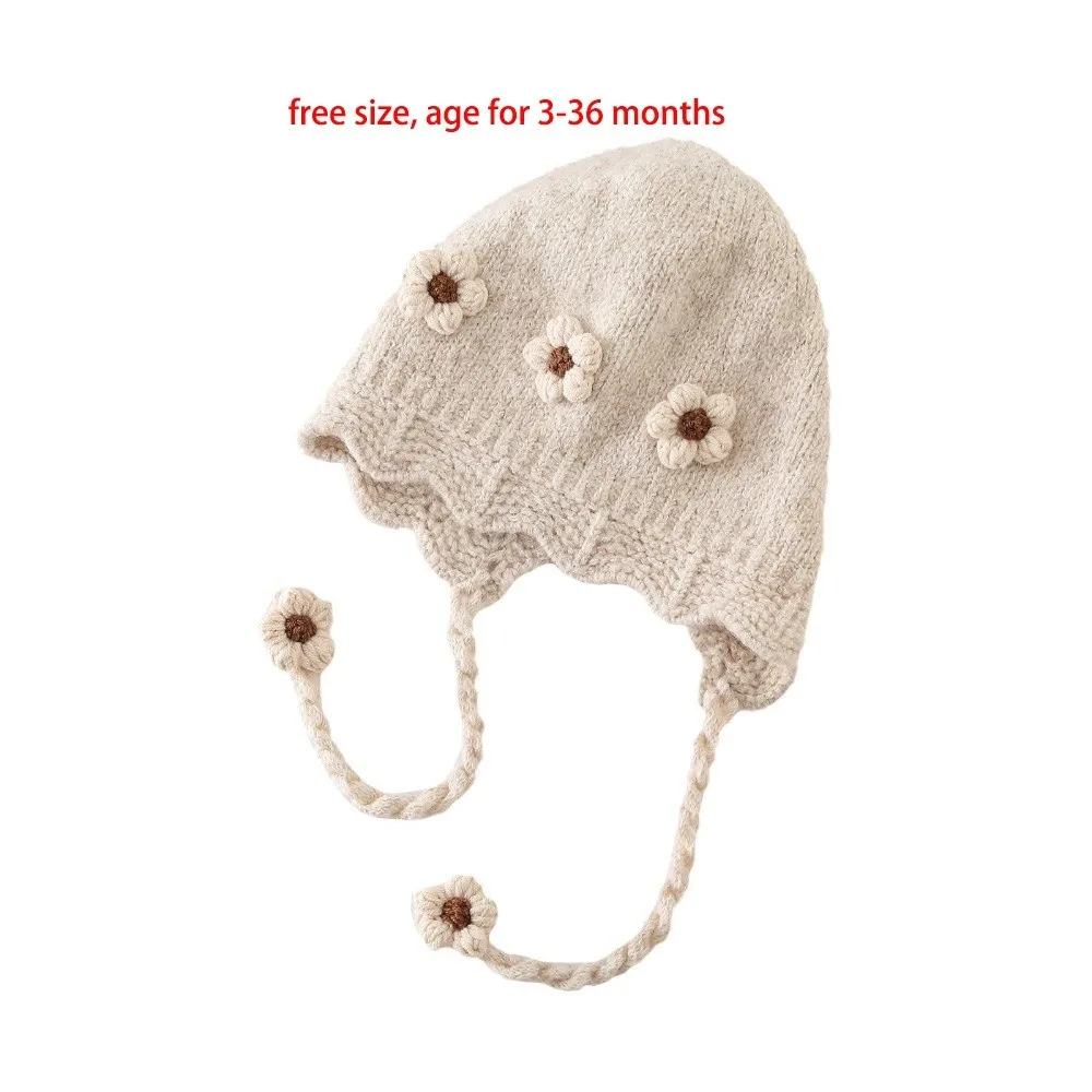 New Windproof Pullover Cap Coldproof Pompom Beanie Hat Knitted Flower Ear Protection Hat Autumn and Winter
