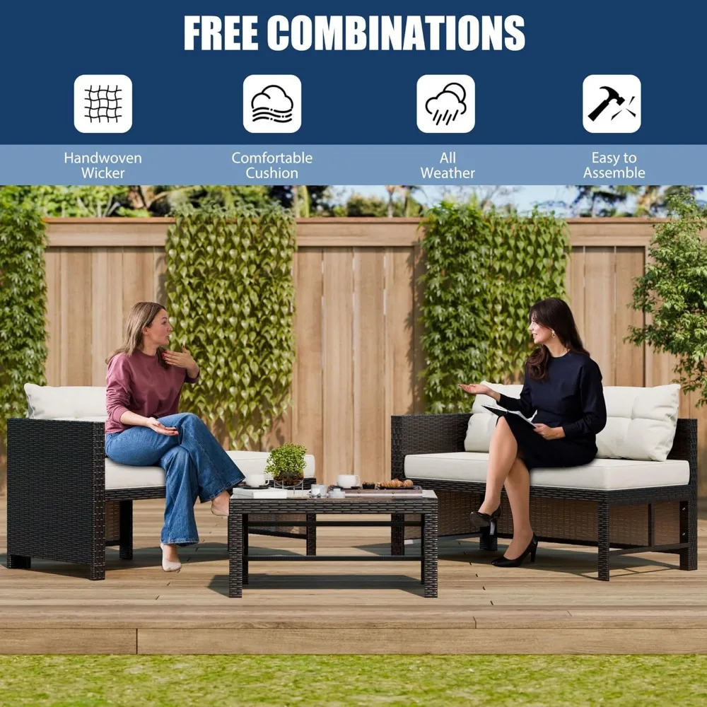3 Piece Patio Furniture Sets, All-Weather PE Wicker Outdoor Sofa Couch Sectional Set, Small Conversation Set for Garden/Patio 6