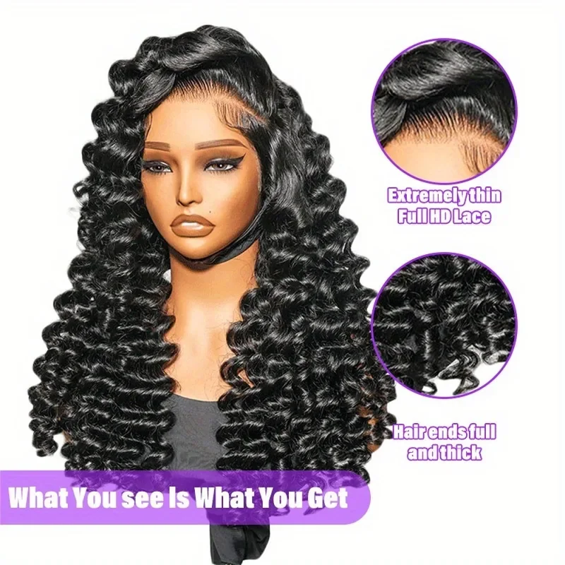 26 Inch Deep Curly Human Hair Wig 13x4 Loose Deep Wave Lace Front Wigs 250% Density Natural Black HD Transparent Lace