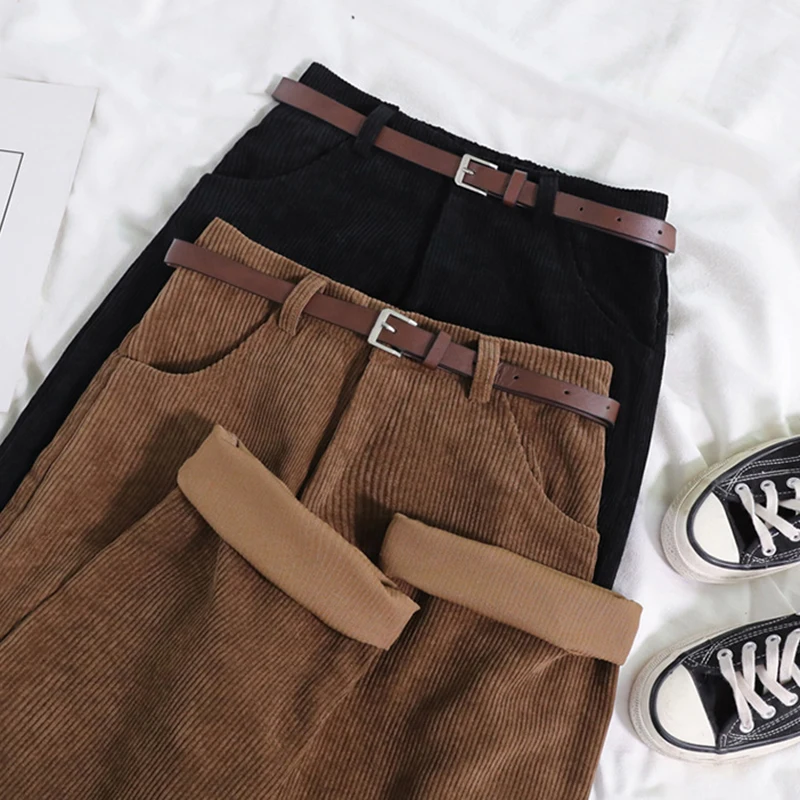 

Hdspq New Winter 2022 Brown Corduroy Pants Women Vintage High Waist Belt Straight Trousers Female Casual Loose Wide Leg Pants