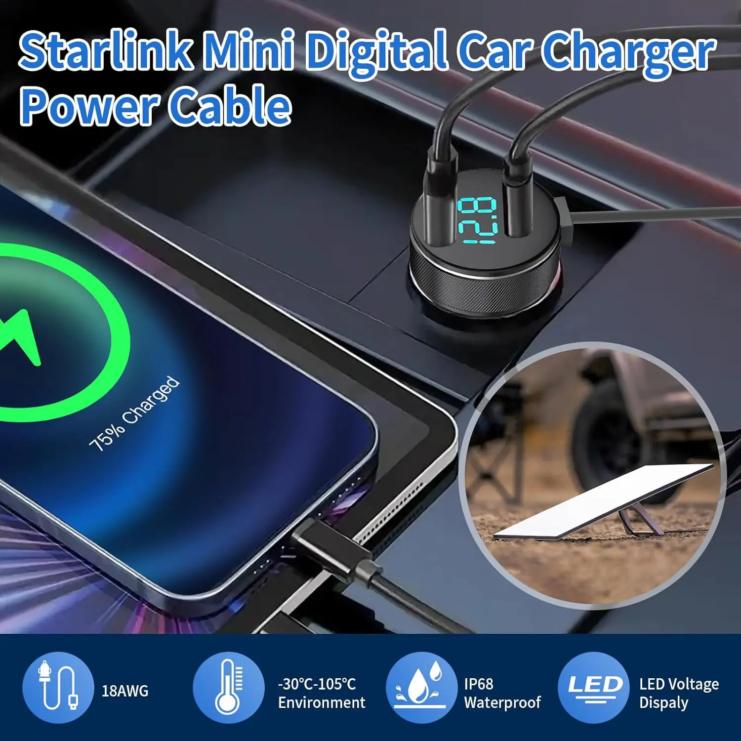 미니 케이블 12V-48V, 디지털 디스플레이가 있는 스타링크 미니 차량용 어댑터, USB C PD 40W 및 USB A 35W 포트가 있는 시거잭 어댑터