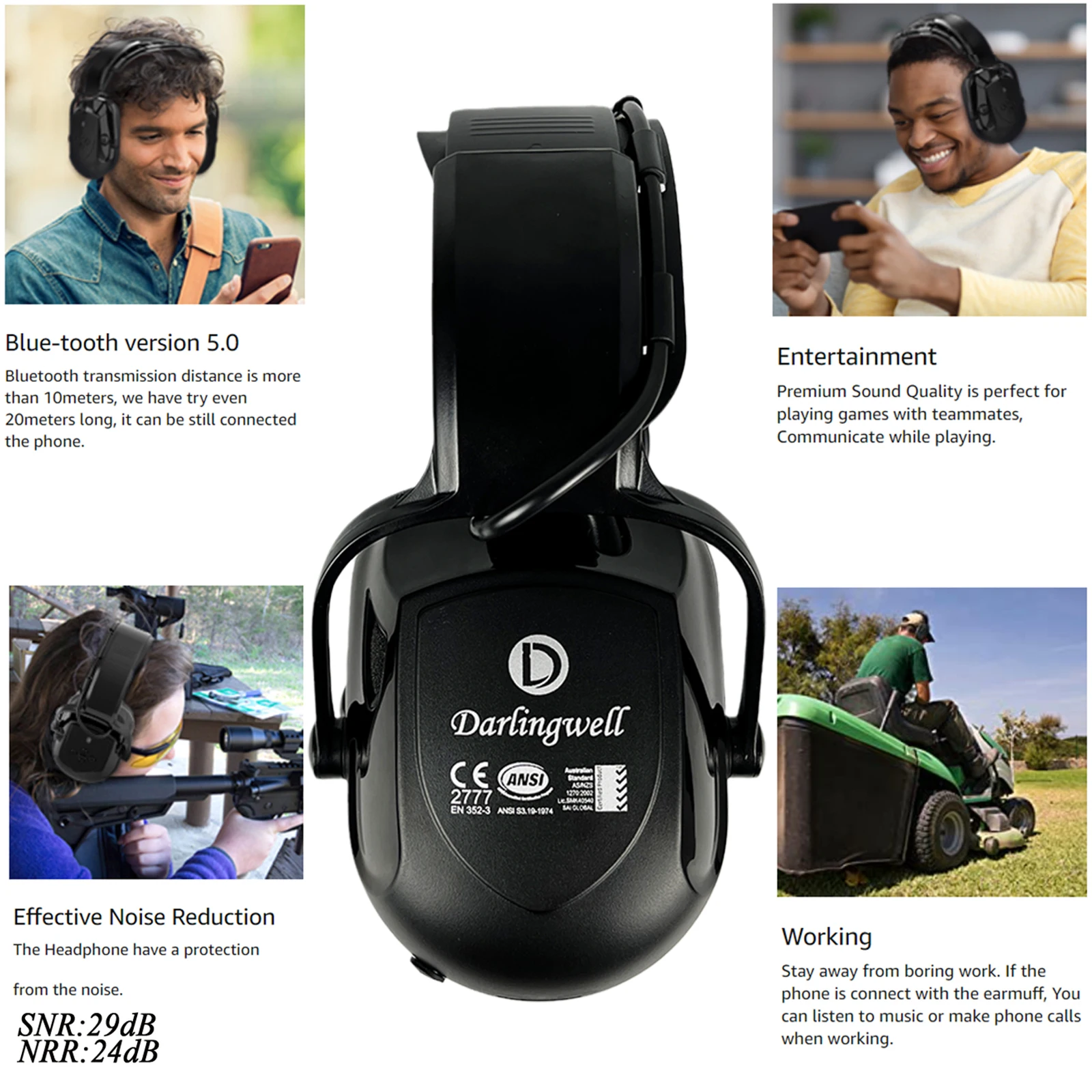 CE Active Noise Reduction Bluetooth Ear Muffs Safety Earmuffs Wireless Hearing Protection 29dB ANSI