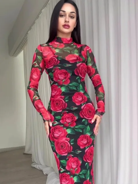 2024 Spring Red Flowers Printed Mid-calf Dresses for Women Elegant Vintage High Waist Bodycon Long Sleeve Evening Party Dress Excellent product recommendation