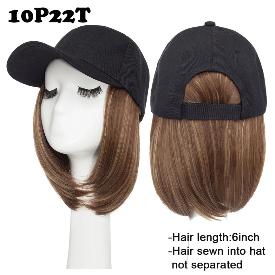 Women's Baseball Cap with 6'' Synthetic Hair Extensions - Adjustable Short Straight Hairpiece Wig Hat