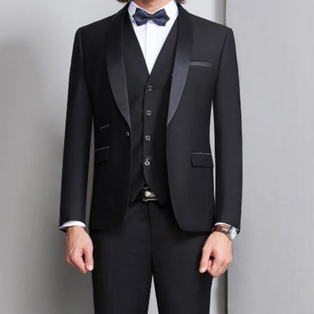 

Elegant Suits for Men Fashion Shawl Lapel Black Male Suit Chic Wedding Groom Casual Slim Fit Full Men's Suit Jacket Vest Pants
