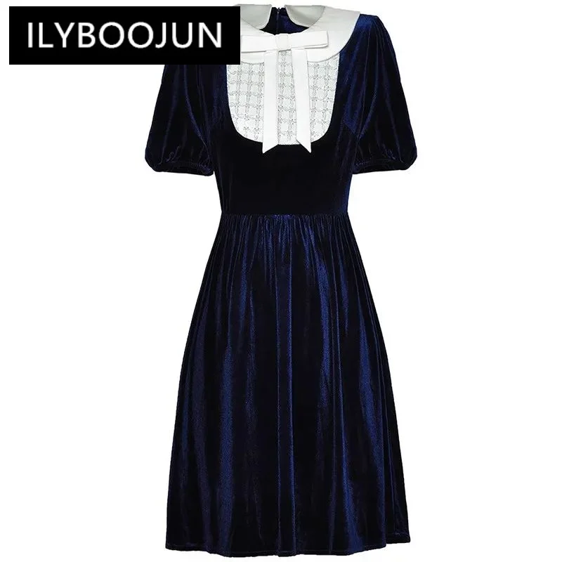 

ILYBOOJUN Fashion New Women's Peter Pan Collar Bow Short-Sleeved Sequin Nail Beads High-Waisted Velvet Vintage MIDI Short Dress