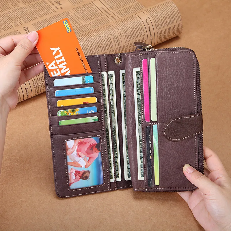 Large Clutch Wallet for Women Genuine Leather Wallet Bifold Long Real Leather Women Purse Zipper Female Coin Bag Wallet 4