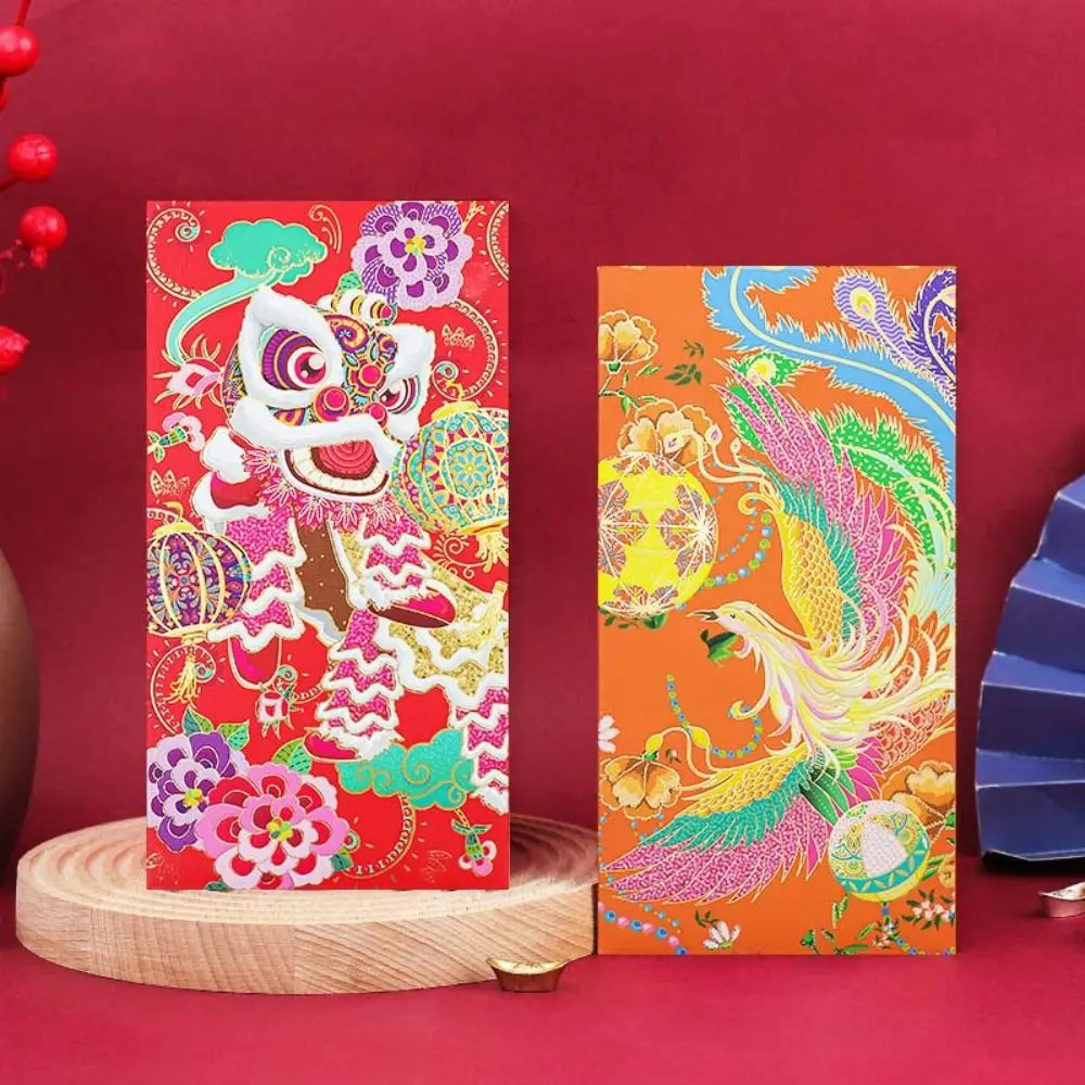 

4Pcs/set Spring Festival Red Envelope Greeting Card Stationery Supplies Luck Money Bag Zodiac Dragon Phoenix Red Pocket