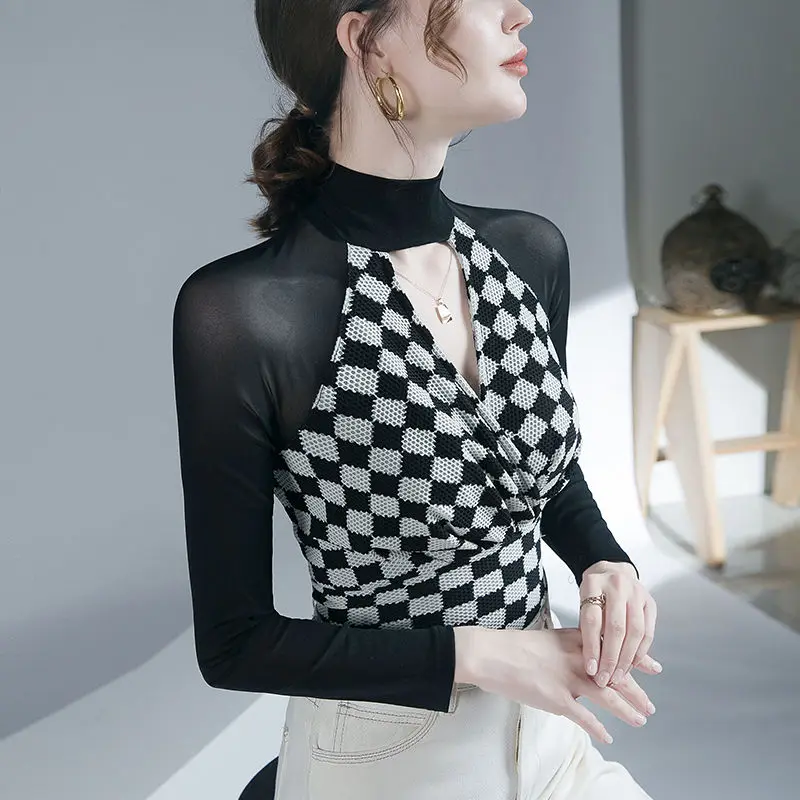 

Женские пикантные сетчатые Топы в стиле пэчворк, сезон осень-зима 2023, женские элегантные облегающие рубашки с длинным рукавом, Женские клетчатые топы, рубашки G392