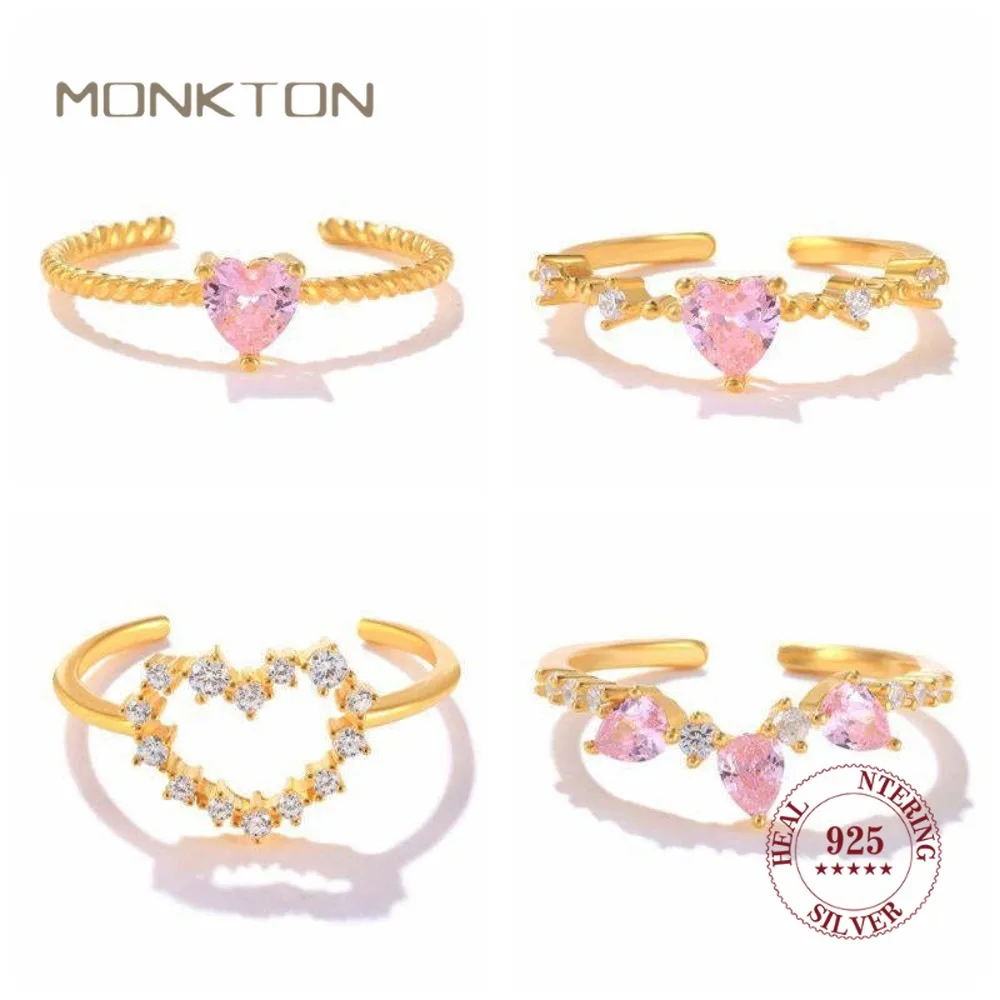 

Monkton 925 Sterling Silver Pink Heart Opening Wedding Ring for Girls Minimalist Adjustable Rings Bague Homme Fine Jewelry Gift