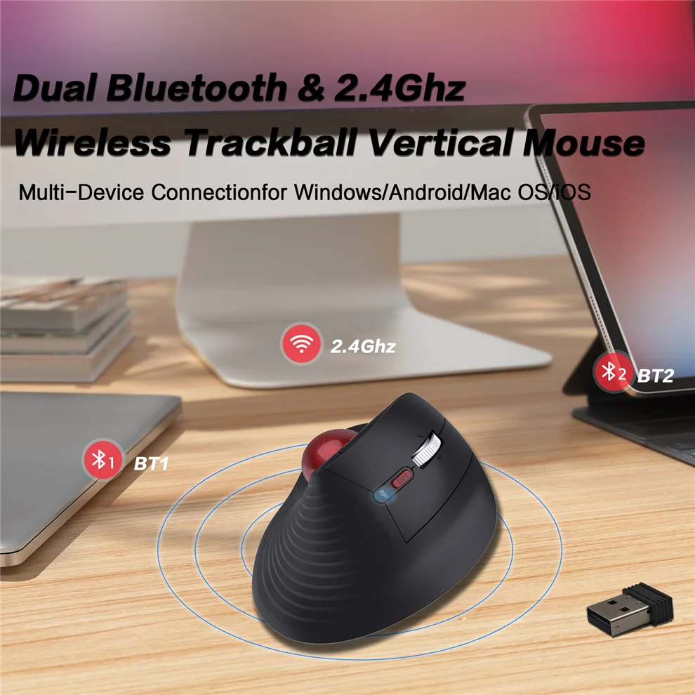 JOMAA 무선 수직 트랙볼 마우스 인체공학적 롤러볼 마우스 2.4G/블루투스 5.0 컴퓨터 노트북용 충전식 마우스