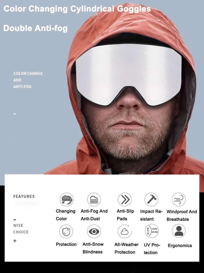New Color-Changing Ski Goggles All-Weather Transparent Color-Changing Double-Layer Anti-Fog Cylindrical Ski Sports Glasses 2