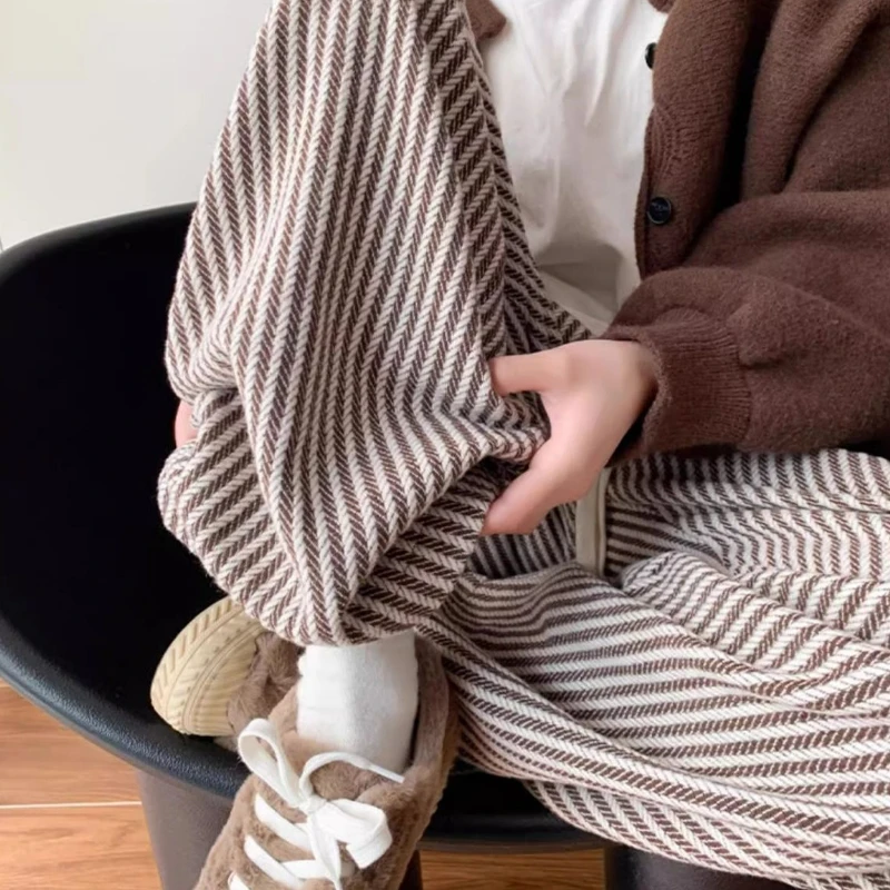 Pantaloni primavera autunno donna retrò a righe lavorati a maglia casual quotidiano semplici pantaloni a gamba larga a vita alta temperamento elegante femminile tutto-fiammifero 5