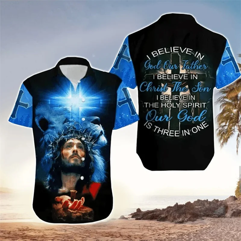 thumbnail image 1 of Camisa hawaiana Aloha con Jesús y león, unisex, con solapa, de manga corta, para verano, para hombre y mujer, genial para playa, con flores, tops cruzados, 1 of 5