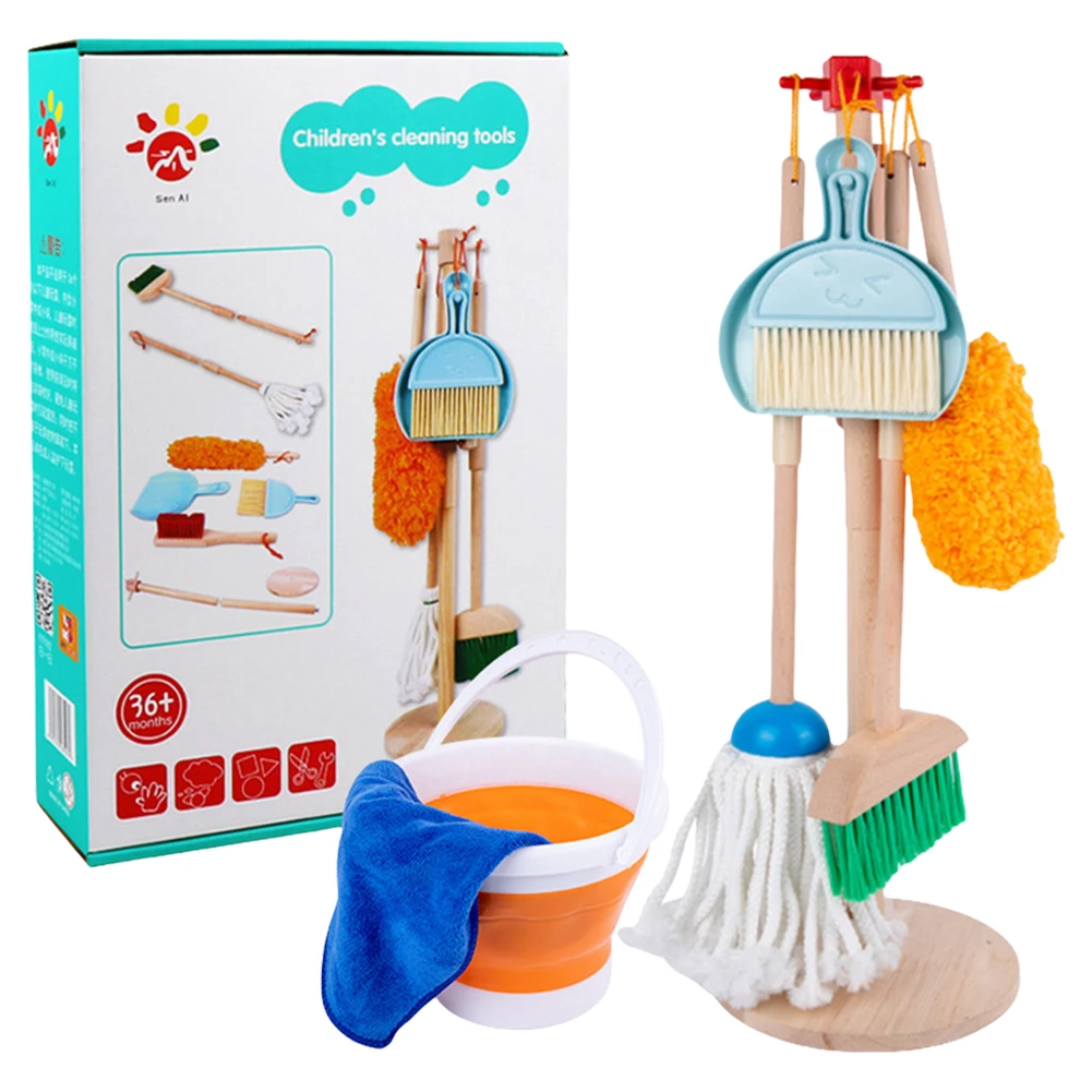 Wooden Kids Cleaning Set with Kids Broom and Mop Set Housework Pretend Play Toy Housekeeping Play Gift for Toddlers