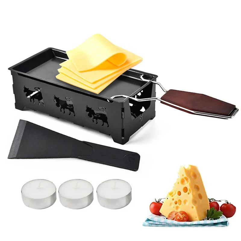 Metal Carbon Steel Mini Cheese Raclette Non-stick Coating Candles Heated Baking Tray Foldable Handle with Spatula Cook Set