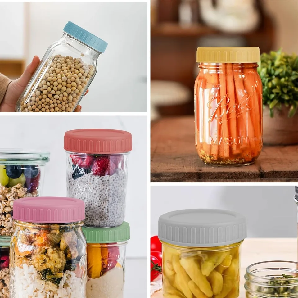 12 Pcs Colored Plastic Mason Jar Lids With Silicone Rings - 70mm Regular Mouth