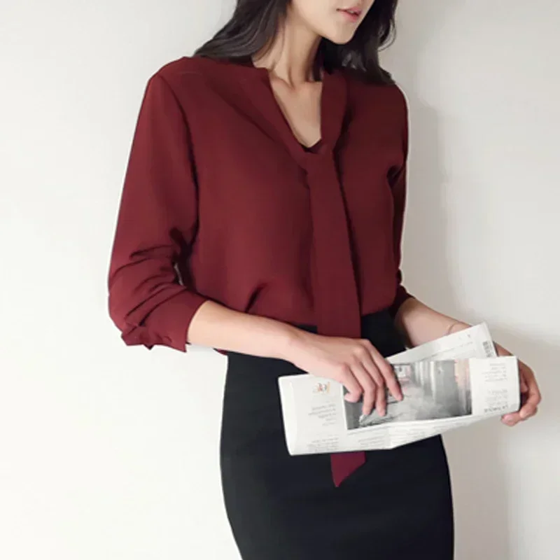 Loose Chiffon Blouse Women Clothing Long Sleeve Lady Elegant Shirts Solid Color Tops A47
