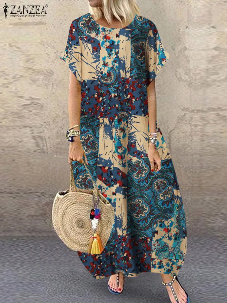 

Summer Bohemian Maxi Dress ZANZEA Women's Dresses 2023 Vintage Short Sleeve Floral Sundress Robe Femme Causal Loose Vestidos