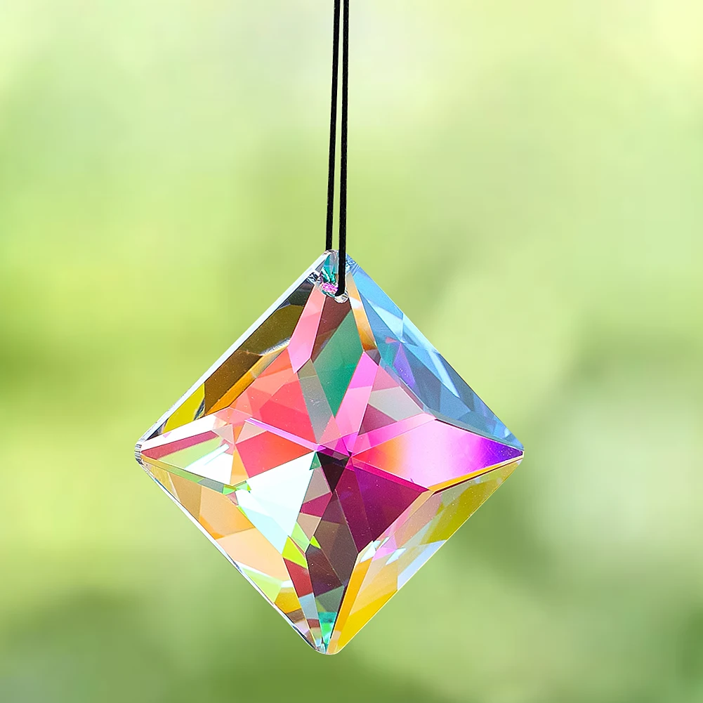 50mm Streamer AB Color Prism Glass Laser Faceted Geometry Square Crystal Chandelier Lighting Parts Rainbow Sun Catcher Dangle